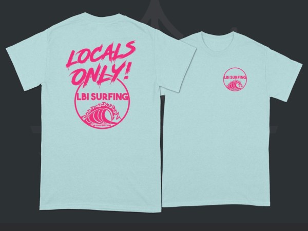 Two light blue T-shirts with pink 'LBI Surfing' logo and 'Locals Only!' text on back.