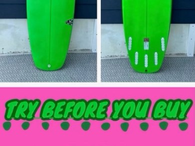 Two green surfboards with promo text: 'Try Before You Buy' and 'Demo Program for Shortboards'.