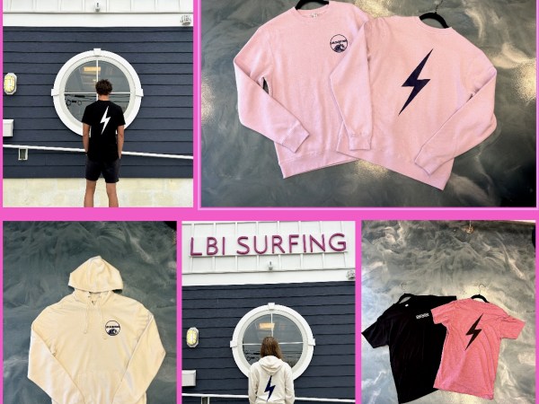 Collage of LBI Surfing apparel featuring lightning bolt design on hoodies and shirts.